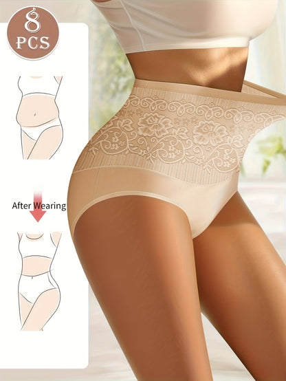 8pcs Comfortable High-Waisted Lace Briefs, Contrast Lace, Solid Color, Fabric, Simple Style for Casual Attire - Womens Panties for All Seasons