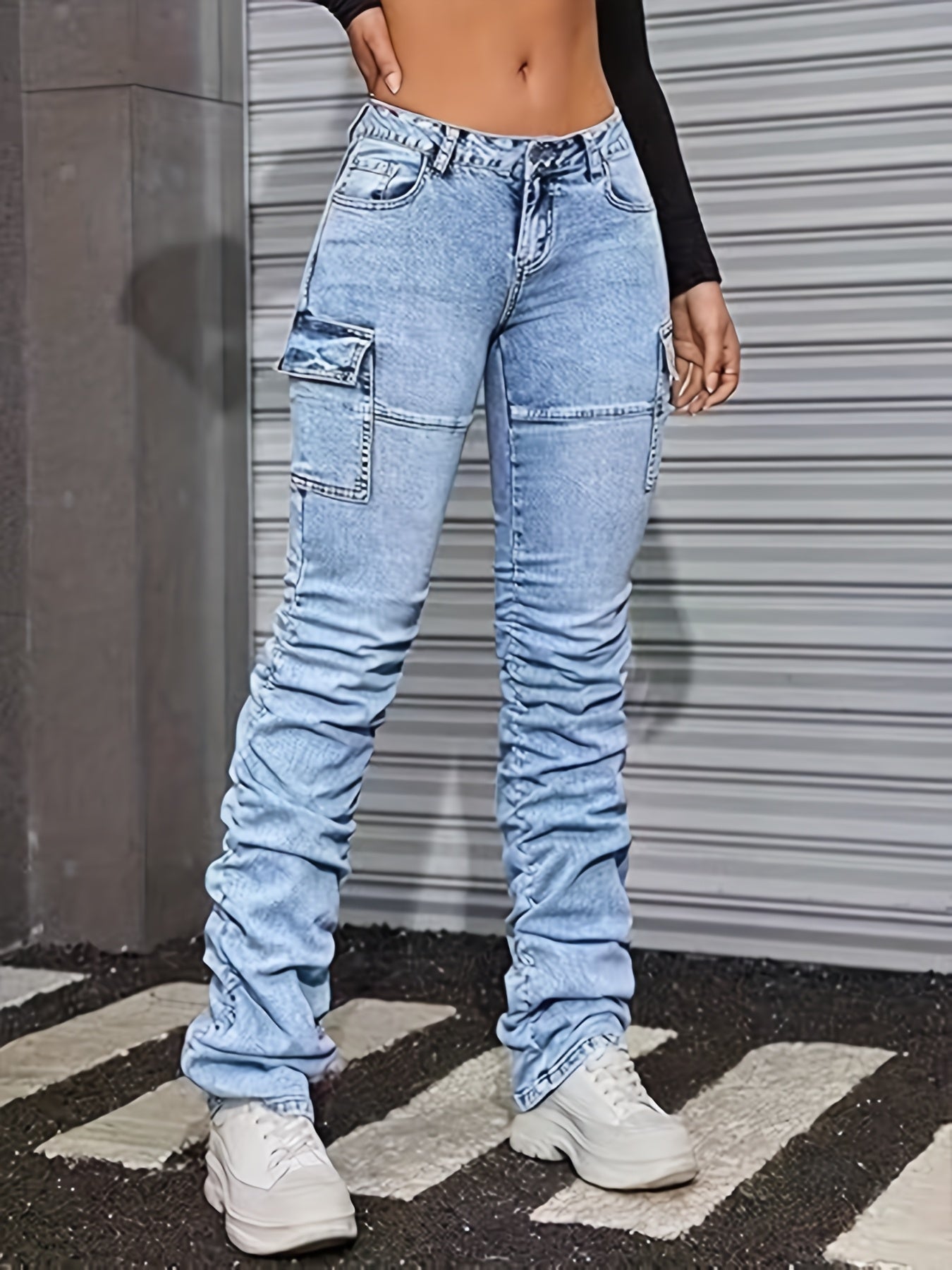 Sky Blue Stretchy Women's Jeans, Slim Fit with Pleated Design On The Legs, Combining Fashion And Practicality