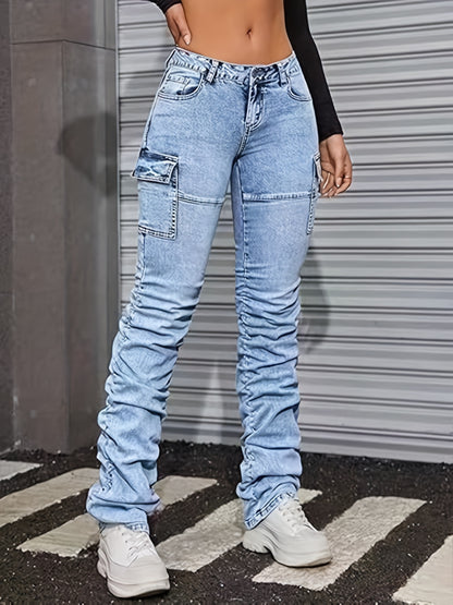 Sky Blue Stretchy Women's Jeans, Slim Fit with Pleated Design On The Legs, Combining Fashion And Practicality