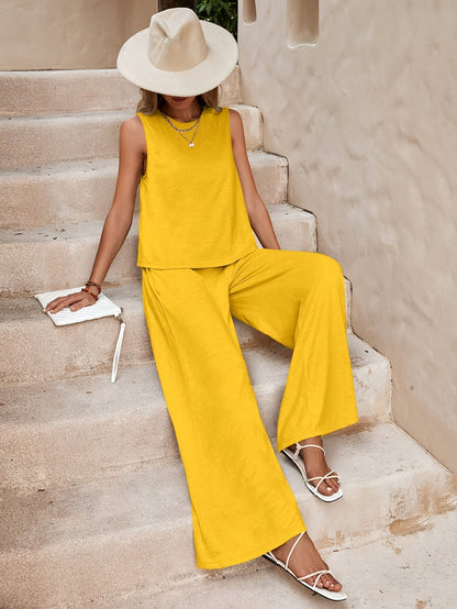 Solid Elegant 2pcs Set, Tank Top & Wide Leg Pants with Pockets Outfits, Women 2pcs Outfits