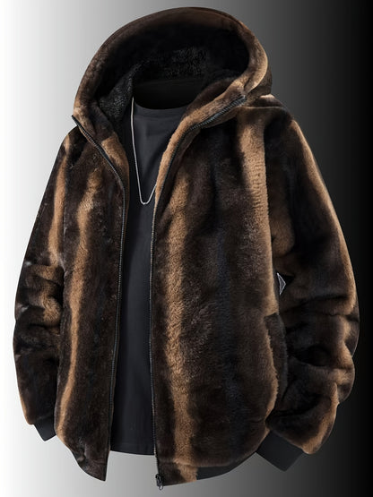Autumn Winter Fashion Men'S Fleece Hooded Jacket Full Zipper Casual Jacket Coat Lined with Fleece Thickened Fabric Striped Design Machine Washable Comfortable And Warm for Party Street Life Business Professional Style