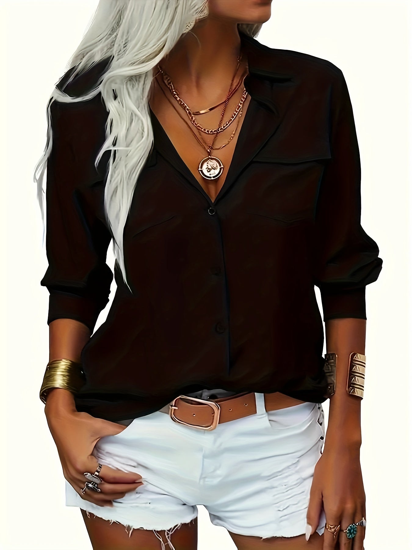 Women's Solid Color Lapel Long Sleeve Button- Shirt - Casual & Office Versatile Blouse, Machine Washable Spring/Fall Top with Classic Collar Design