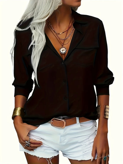 Women's Solid Color Lapel Long Sleeve Button- Shirt - Casual & Office Versatile Blouse, Machine Washable Spring/Fall Top with Classic Collar Design