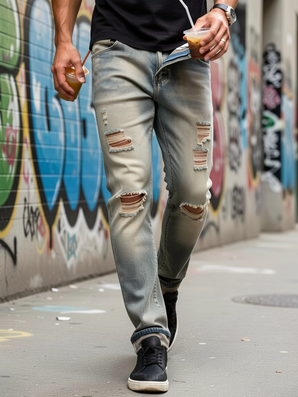 Men's Slim Fit Jeans - Classic Wash Distressed