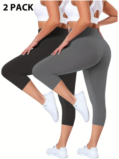 Plus Size - 2pcs Set - Plus Size High-Waisted Pocket Capri Pants - Soft Suitable for And Workouts - Elegant Style - New Spring And Summer Collection - Targeted Design