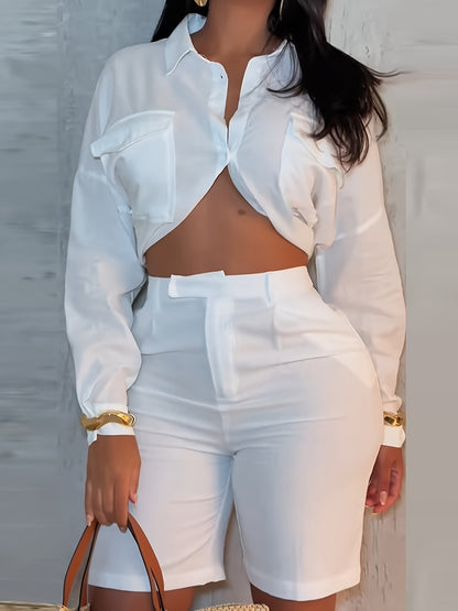 2026 Fashionable And Elegant Women'S Casual Comfortable Loose Long-Sleeve Cropped Shirt High-Waisted Shorts Solid Color Set