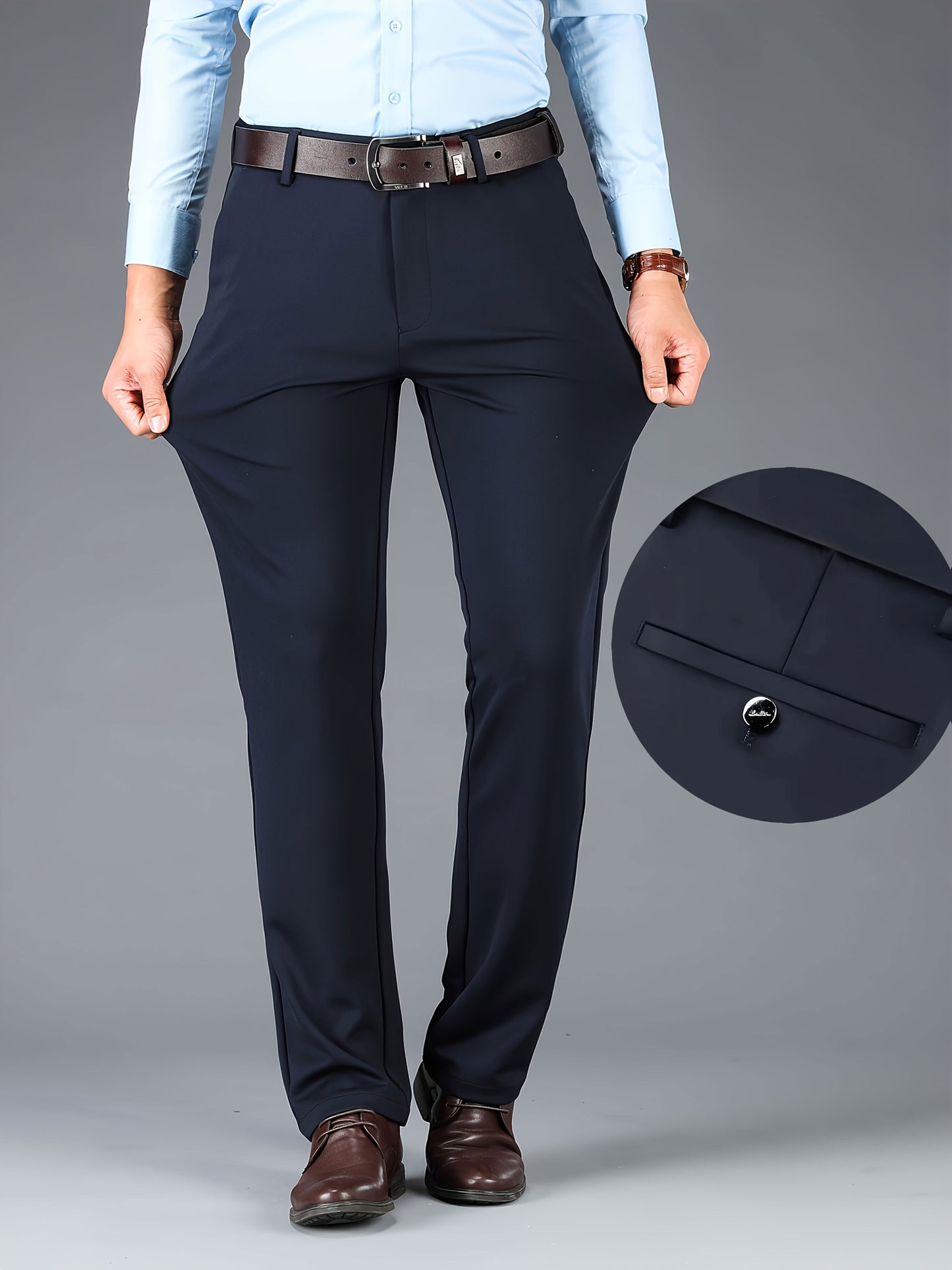 3pcs Set of Men's High-stretch Wrinkle-resistant Straight-leg Dress Pants, High-waisted Business Casual Long Pants, Button and Zipper Design, Machine Washable, Classic Solid-color Dress Pants for All Seasons, Professional Attire, Durable Fabric, F
