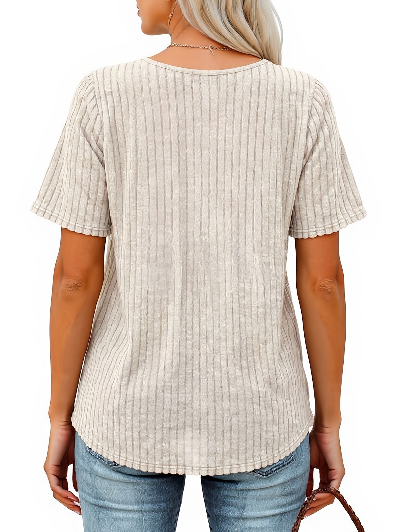 Ladies' Comfortable Top, Elegant Loose Basic Shirt, V-neck Pleated T-shirt, Casual Short-sleeved Pullover