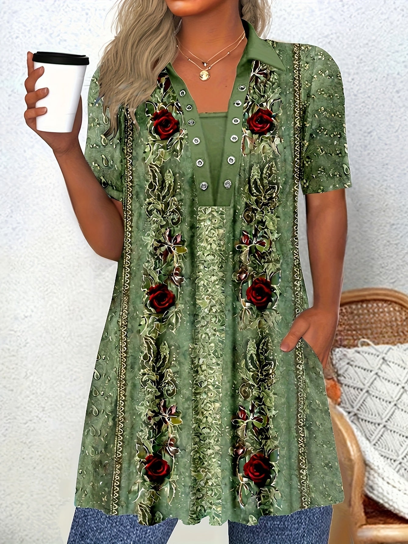 Women's Short Sleeve Scoop Neck Graphic Floral Printed Tops
