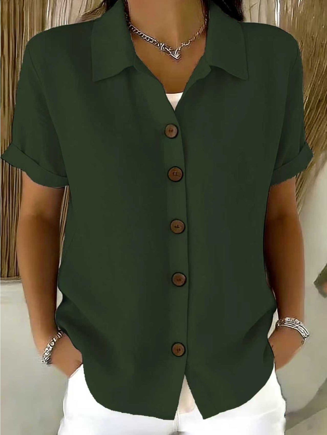 [Casual Loose Fit Blouse] Women's Collared Short Sleeve Button Shirt Casual Loose Fit Fashion Blouse for Ladies Spring Summer Daily Wear Office Work Vacation Beach Streetwear Weekend Holiday Travel Outfit Trendy Female Casual Attire Casual Tops