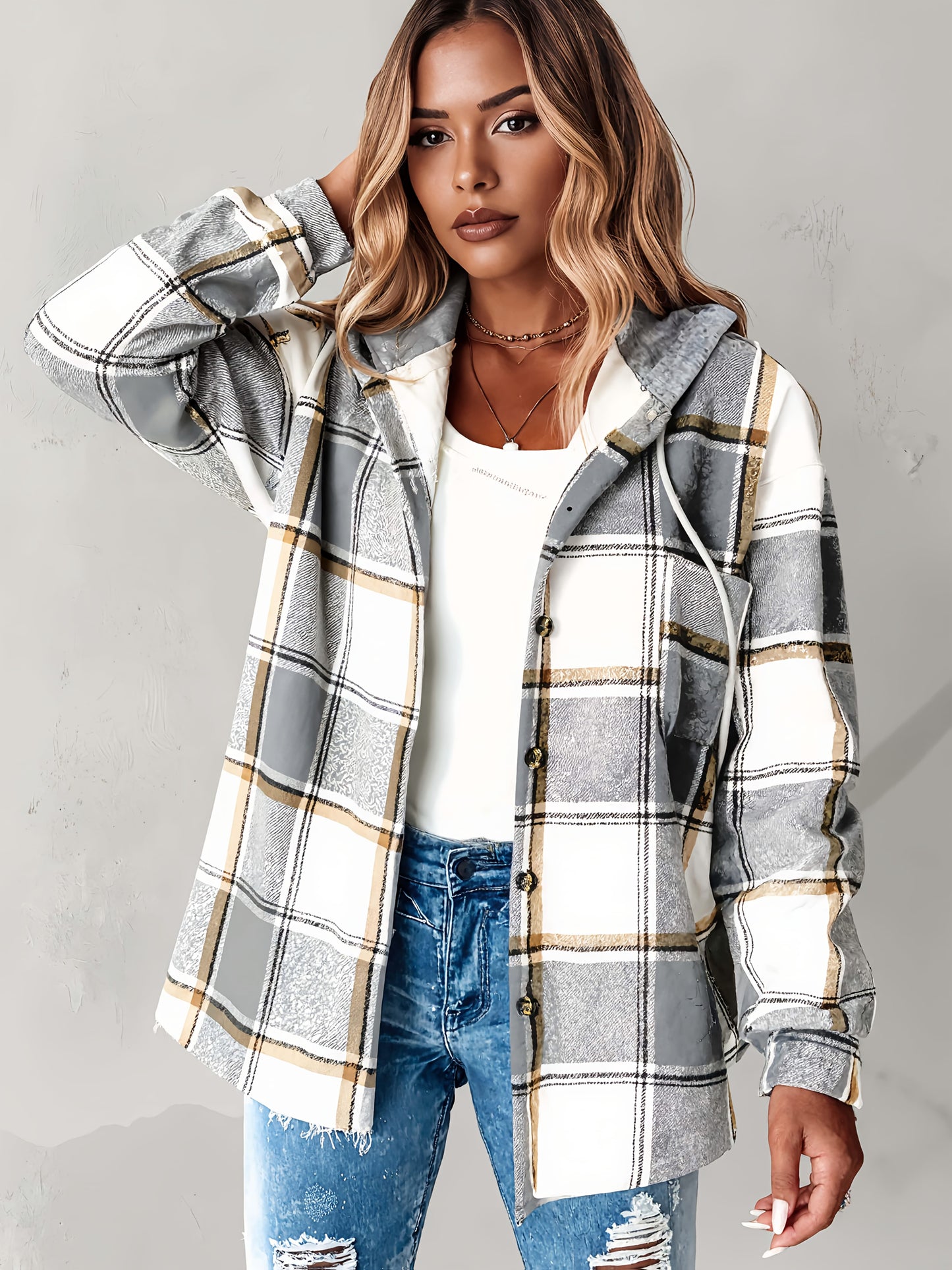 Women's Oversized Plaid Jacket with Fleece Lining - Hooded Winter Coat, Large Checkered Pattern (Black/Tan/Gray/White), Loose-Fit Casual Outerwear for Spring Fall Winter, Machine Washable Hoodie Jacket
