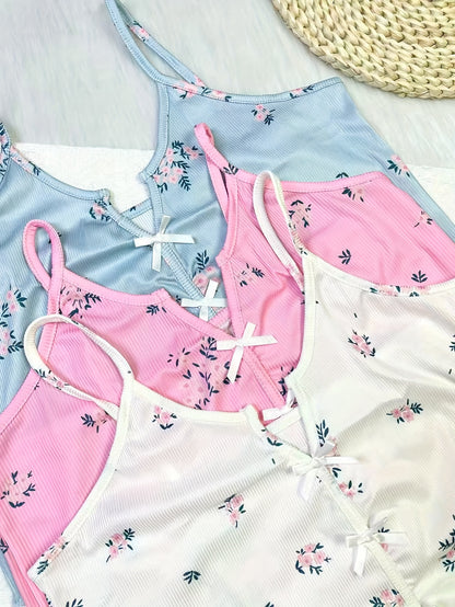 6pcs Floral Print Women's Pajama Set: 3 V-Neck Backless Crop Camisoles And 3 Bow-Accented Shorts, Soft, Comfortable & Breathable, Cool Summer Loungewear for Women's Daily Casual At-Home Wear