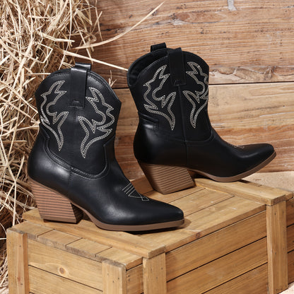 Chic Women'S Ankle Boots Featuring a Retro Classic Design with Embroidered Geometric Patterns And a Pointed V-Shaped Toe, Perfect for Walking Or Parties., Women Shoes