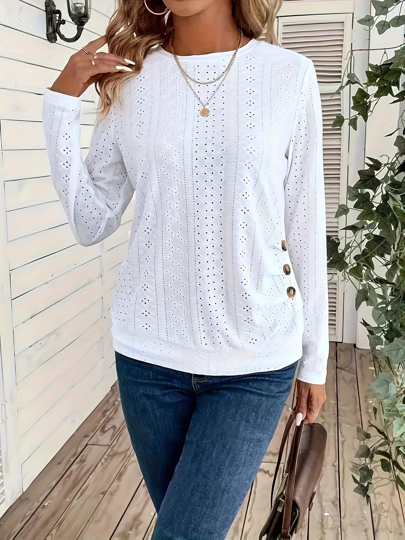 Women's Elegant Long Sleeve T-Shirt - Semi-Sheer Top with Decorative Hollow Buttons, Soft Everyday Blouse for Women, Office, Formal Events - Machine Washable All-Season Tops, Office Attire, Chic Design, Breathable Material, Versatile Topper, Casual Wear