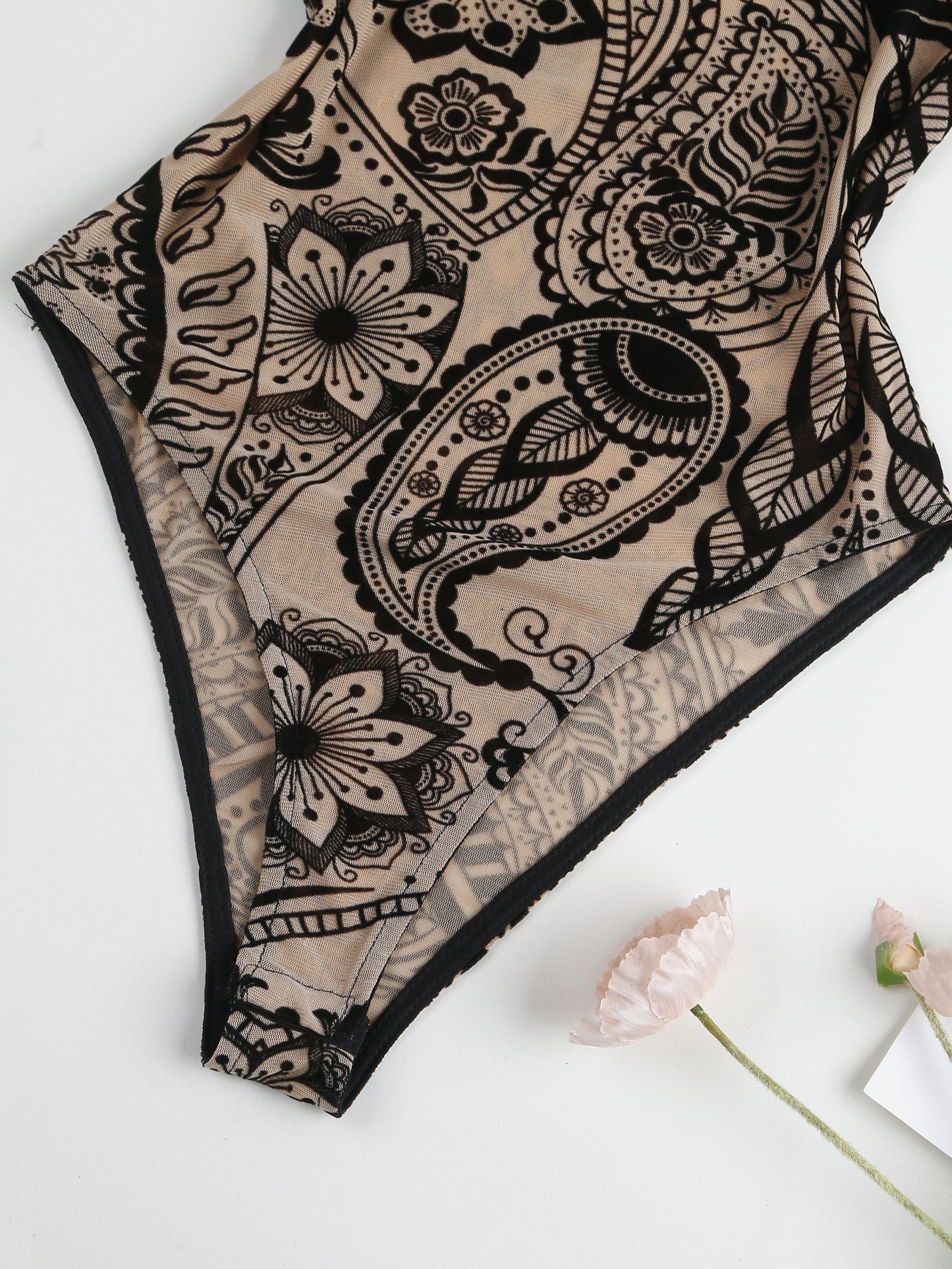 Elegant Sheer Mesh Bodysuit with Tropical Print - Sleeveless, Stretchy & Machine Washable for Women
