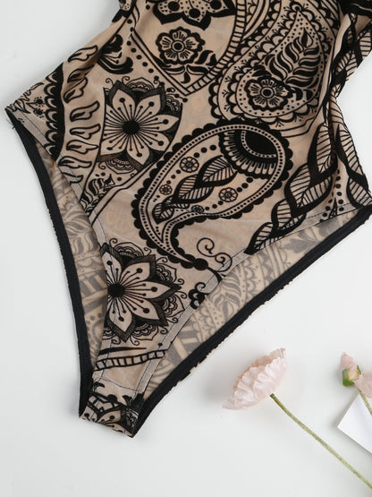 Elegant Sheer Mesh Bodysuit with Tropical Print - Sleeveless, Stretchy & Machine Washable for Women