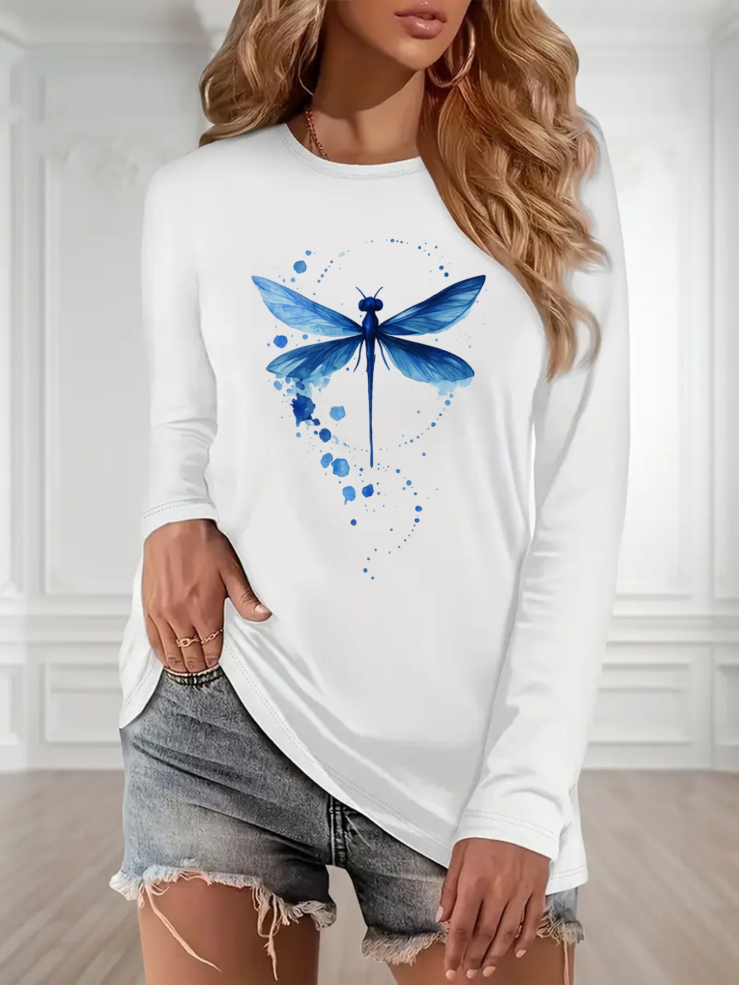 Vibrant Dragonfly Print Crew Neck Top, Soft, Breathable, Long Sleeve Top for Spring & Summer - Ladies' Casual Attire, Perfect for Outdoor
