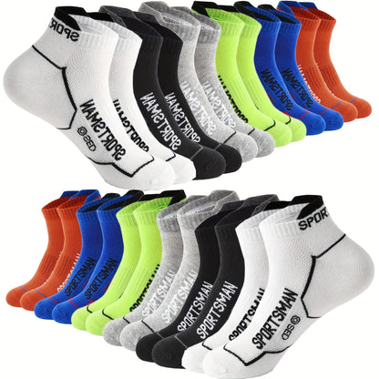 [6/12 Pairs Athletic Socks] 6/12 Pairs Men'S Athletic Performance Ankle Socks | Breathable Mesh, Sweat-Absorbent, Machine Washable, Letter Pattern, Suitable For Running And Sports, Sweat-Resistant, Knitted And Spandex Blend