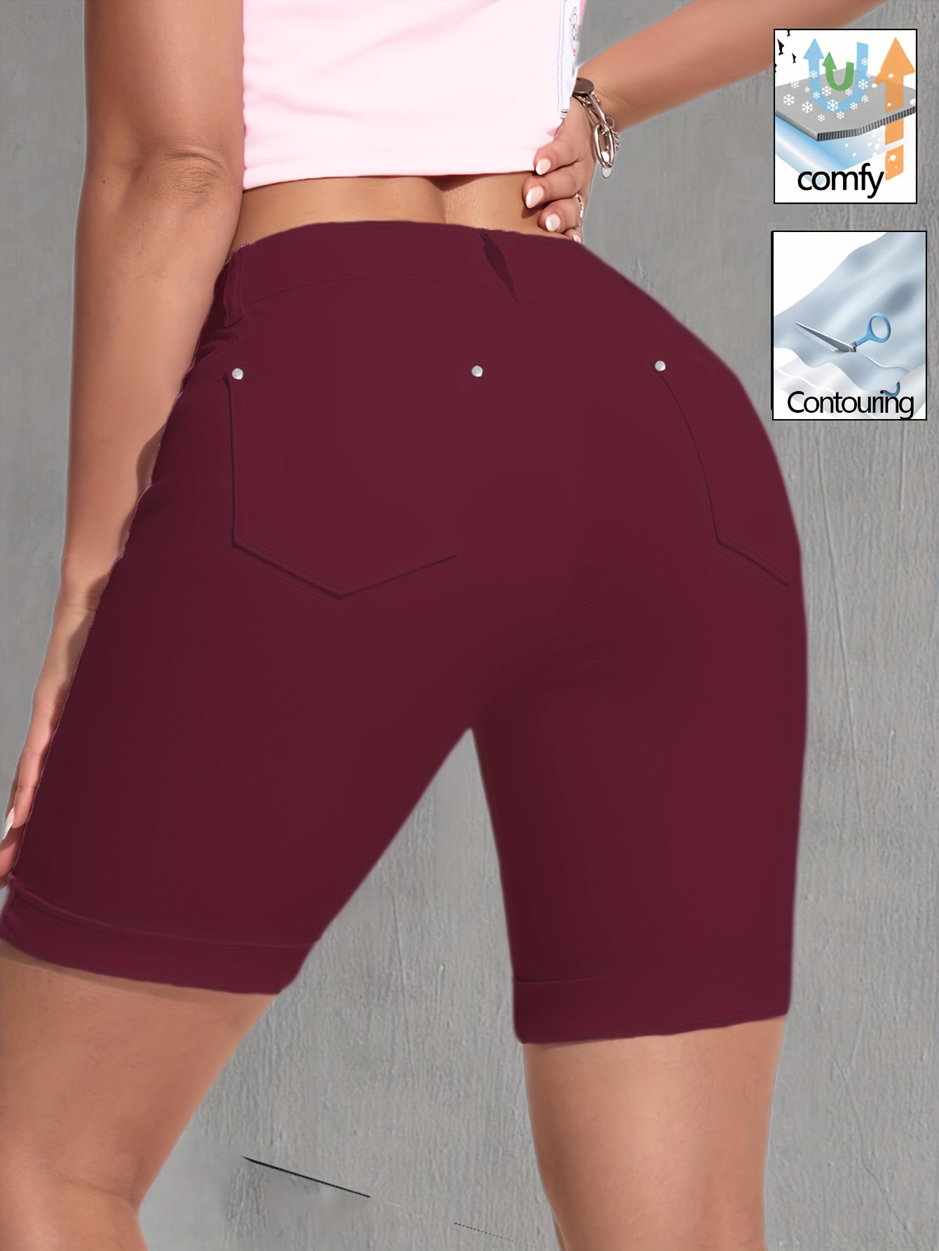 Elegant White Denim Shorts for Women Featuring a Double-Breasted Design, Multi-Rivet Details, And a Flattering Fit That Lifts The Backside. These Shorts Are Made from High-Stretch Fabric, Have a Button Fly Closure