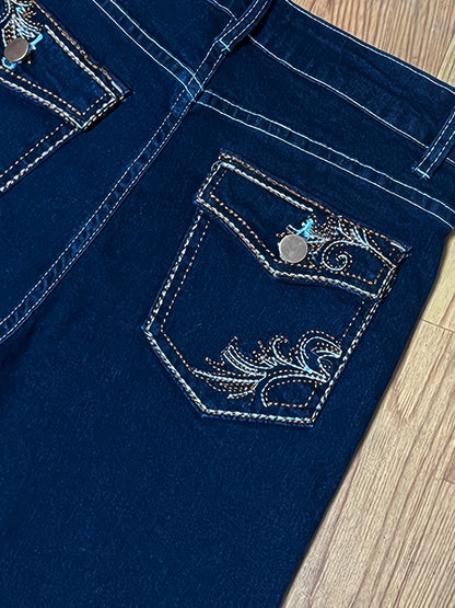 Women's Embroidered Bell-Bottom Stretch Mid to High Waist Blue Jeans