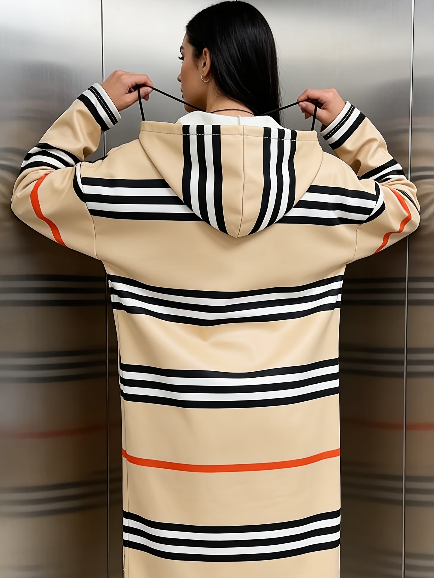 Women'S Beige Wavy Striped Hooded Longline Coat | Trendy Y2K Quiet Luxury Vibe Loose-Fit Full-Zip Outerwear for Spring Autumn Casual Daily Chic Versatile Outfit
