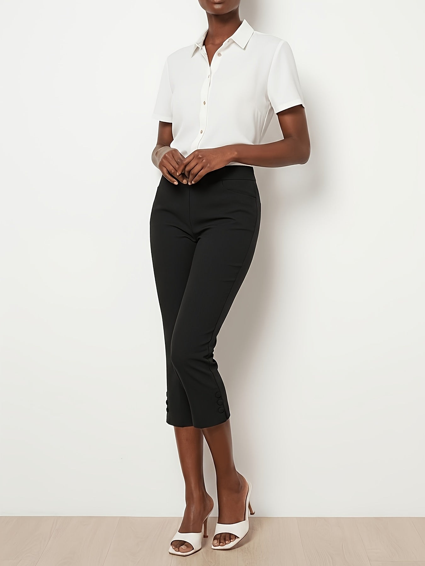 Women'S High-waisted Slim-fitting Capri Pants, Suitable For, Work And Daily Wear, With Pockets