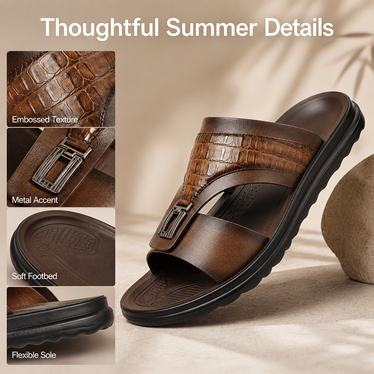 Men's Textured Slide Sandals, Crocodile-Print Straps with Metal Buckle - Minimalist Summer Shoes for Resort & Lounge
