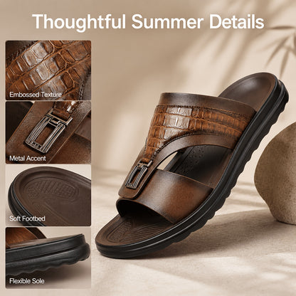 Men's Textured Slide Sandals, Crocodile-Print Straps with Metal Buckle - Minimalist Summer Shoes for Resort & Lounge