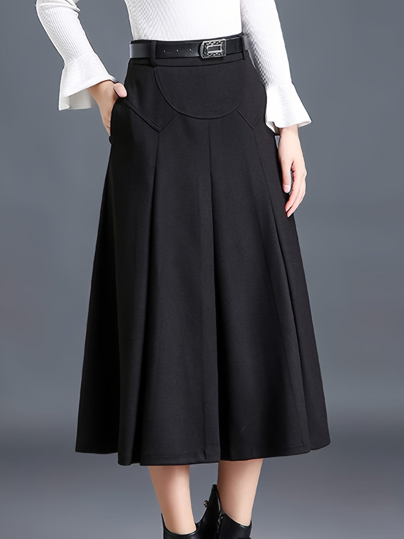 Women's Black Wool High-Waist Pleated Skirt - product view 12