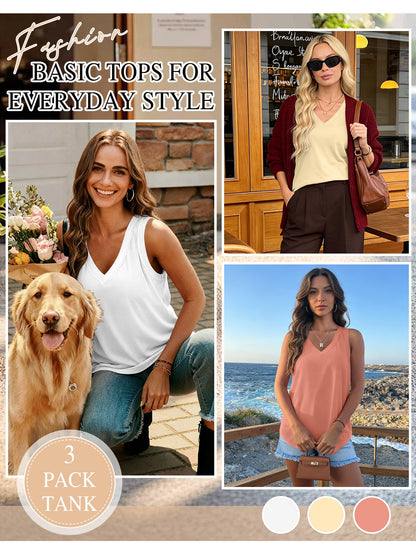 [3 Pack Tank Tops] 3 Pack Womens Tank Tops 2026 Spring Summer Vacation Outfits V Neck Loose Sleeveless Blouse Casual Shirts Fashion Clothes