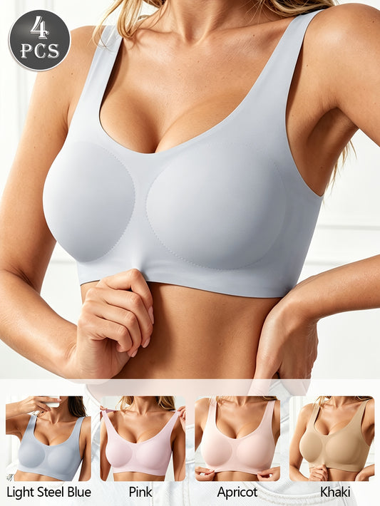 [Seamless Sports Bra] 4pcs Ultracomfort Seamless Sports Bra - Sweat-Wicking, Four-Way Stretch, Gather Push-Up Design, Wire-Free, Soft Padded Straps, Adjustable Back, Solid Color, Women's Activewear for Yoga, Fitness, Running, And Everyday Wear