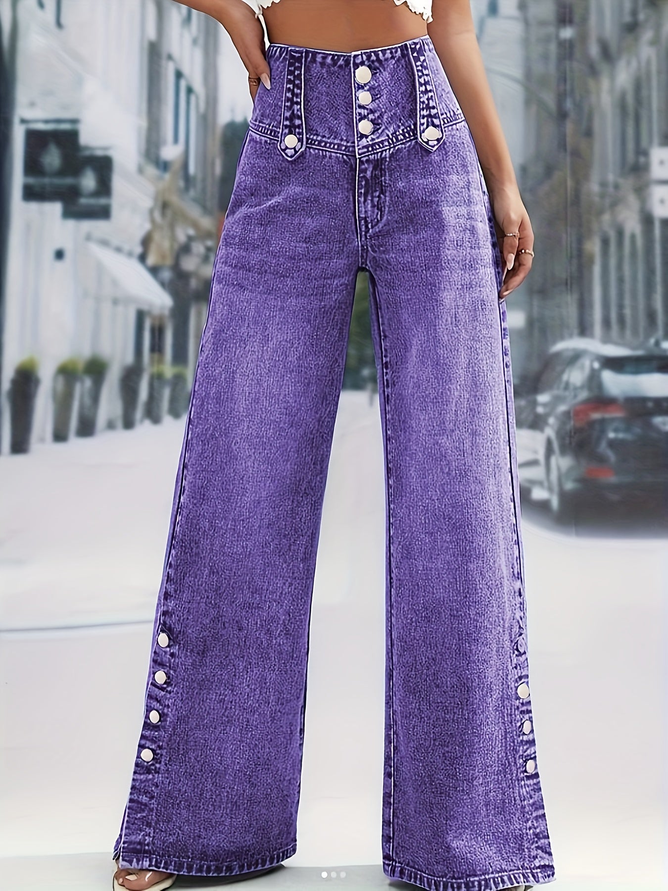 Women'S Light Blue Denim with a High Waist And Snowflake Pattern, Featuring a Buckle Design, Snap Boot Pant Legs, And a Straight, Loose Wide-Leg Cut. This Stylish Casual Outfit Is Perfect for Weekdays And Weekend Shopping, Machine Washable