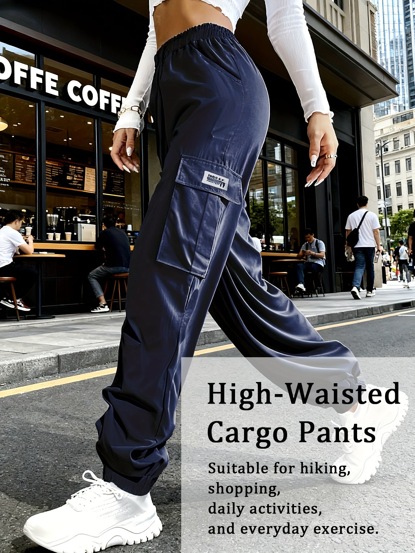 Women'S Zippered Pocket Cargo Pants, Stylish Large Pocket Design, Drawstring Elastic Waistband, Casual Outdoor/everyday Wear Trousers