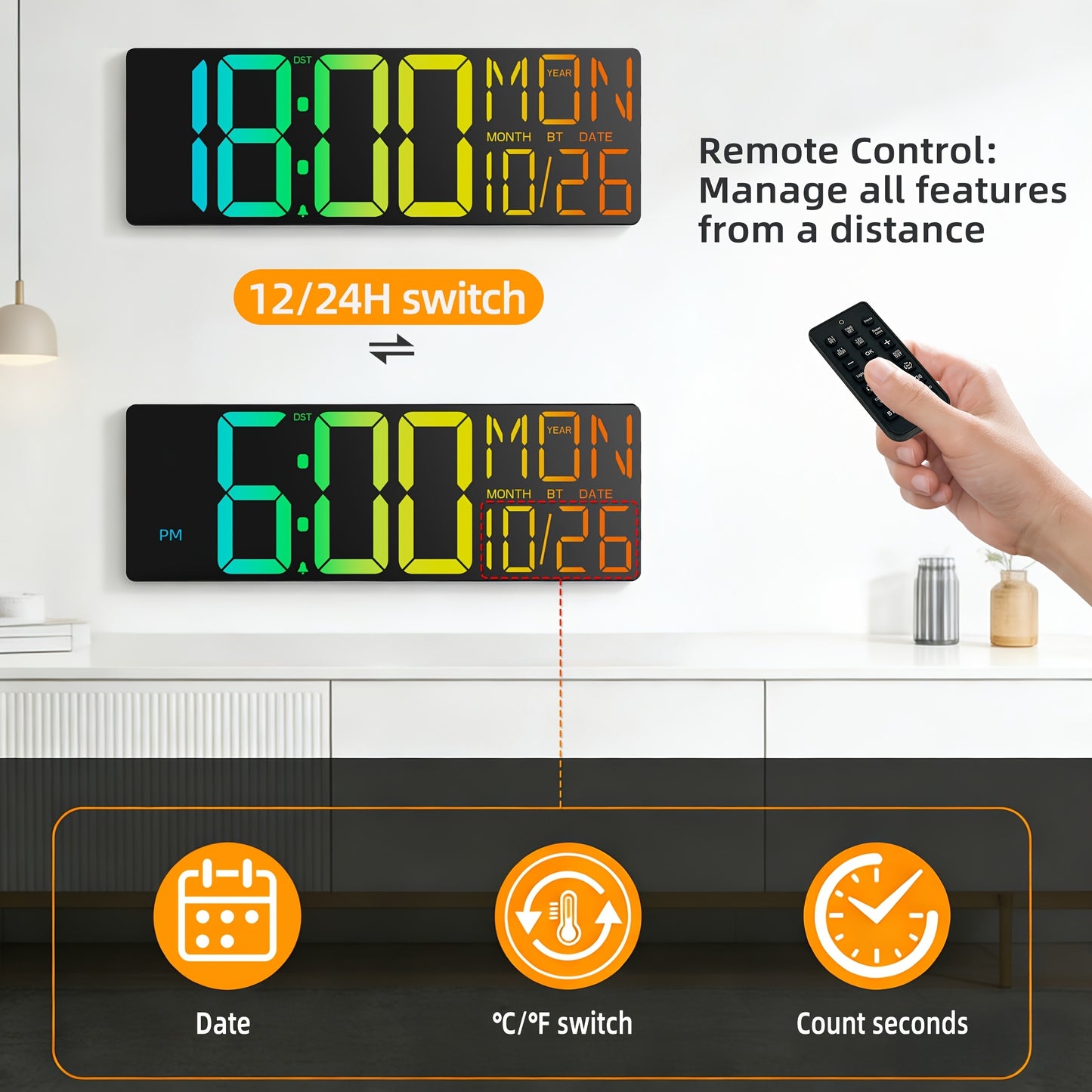 18" LED Digital Wall Clock with 8 RGB Color Display | Remote Control, 10-Level Dimmable Light, DST, Timer, Temperature, Alarm, Nightlight, Perfect Gift for Halloween, Thanksgiving, Christmas