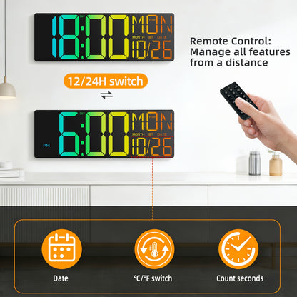 18" LED Digital Wall Clock with 8 RGB Color Display | Remote Control, 10-Level Dimmable Light, DST, Timer, Temperature, Alarm, Nightlight, Perfect Gift for Halloween, Thanksgiving, Christmas