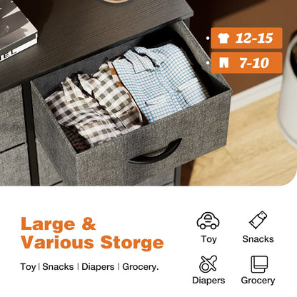 8-drawer Chest | Sturdy Steel Frame Support, Anti-dumping Design, Suitable for Bedroom, Cloakroom, Corridor, Black and Gray, Oak Finish, Assembly Required, ≥3.2 Cubic Feet Storage Capacity