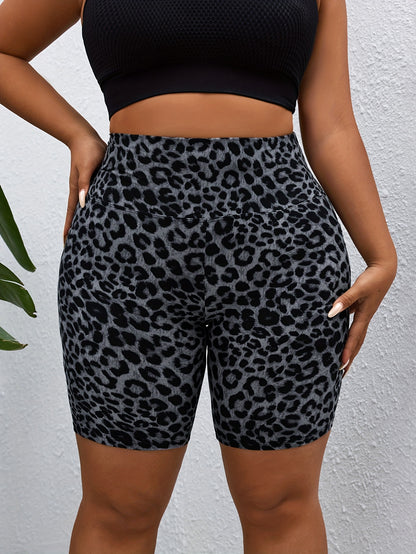 PLUS Size High Waist Leopard Print Sport Shorts With Side Pocket - Spring Summer New Arrivals