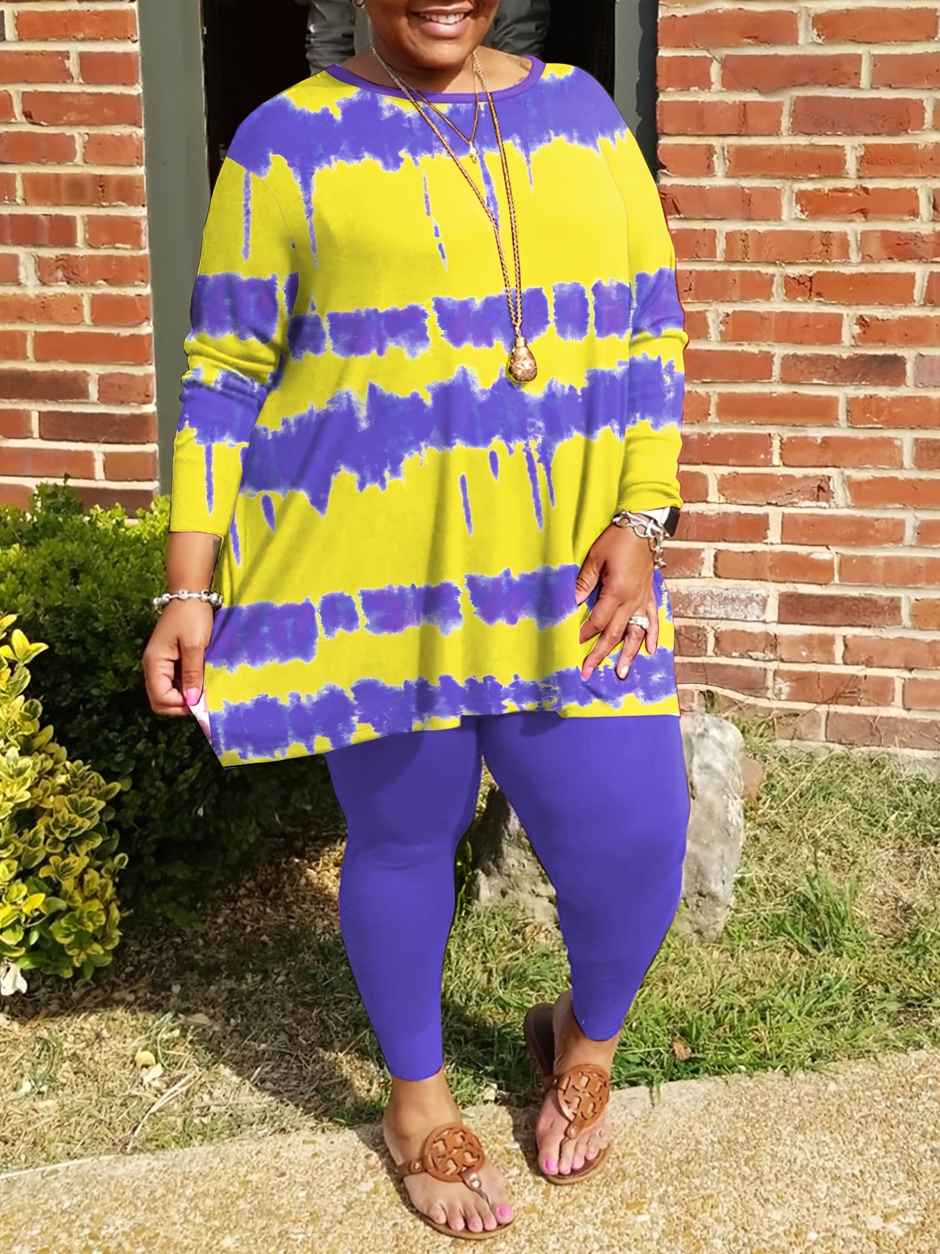 Plus Size - Plus-size Fashion Tie-dye Striped Print Long-sleeved Trousers Suit, Suitable For Going Out