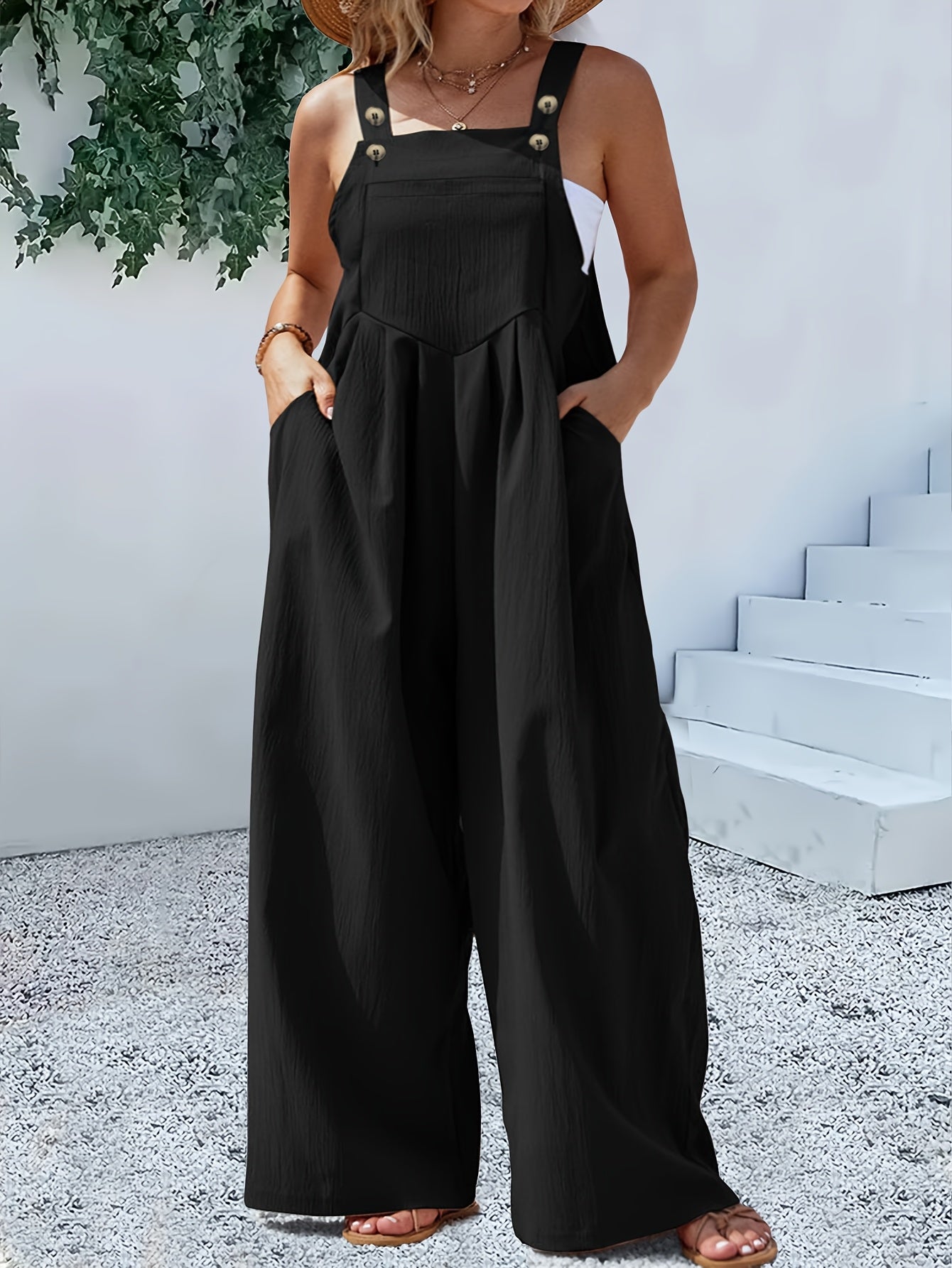 Plus Size, Curve Casual Women's Spring And Summer Button Back Tie One-piece Pants - Back Tie Button Design, Casual Black, Thin Thickness, Loose - Spring And Summer Plus Size Women's Casual Jumpsuits