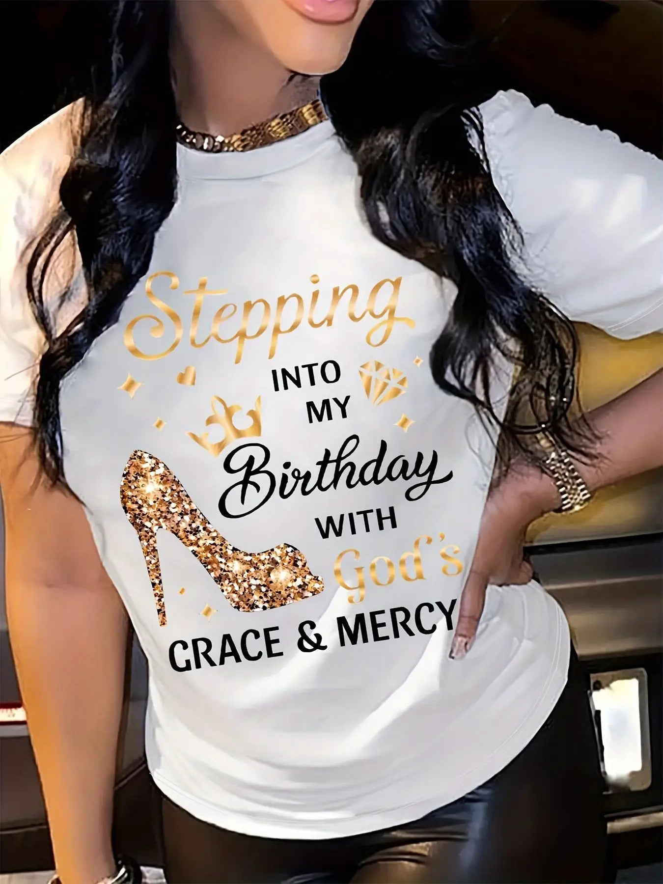Women'S Birthday Celebration T-Shirt - "Stepping into My Birthday with God'S Grace & Mercy" Golden Glittery Text - White Casual Everyday & Party Top - All-Season Comfort Fit Tee for Women - Birthday Party Outfit Idea, Festive Attire, Playful Design, Breat