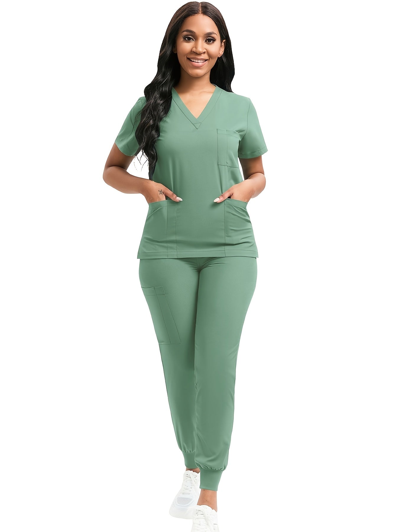 [Scrub Suit Set] Scrub Suit Set For Women Modern V-Neck Top T-Shirt & Tapered Leg Jogger Pants With Drawstring 2pcs Set Nursing Uniforms Set Suitable For Pet Hospitals, Dental Clinics, Nursing Work, Etc