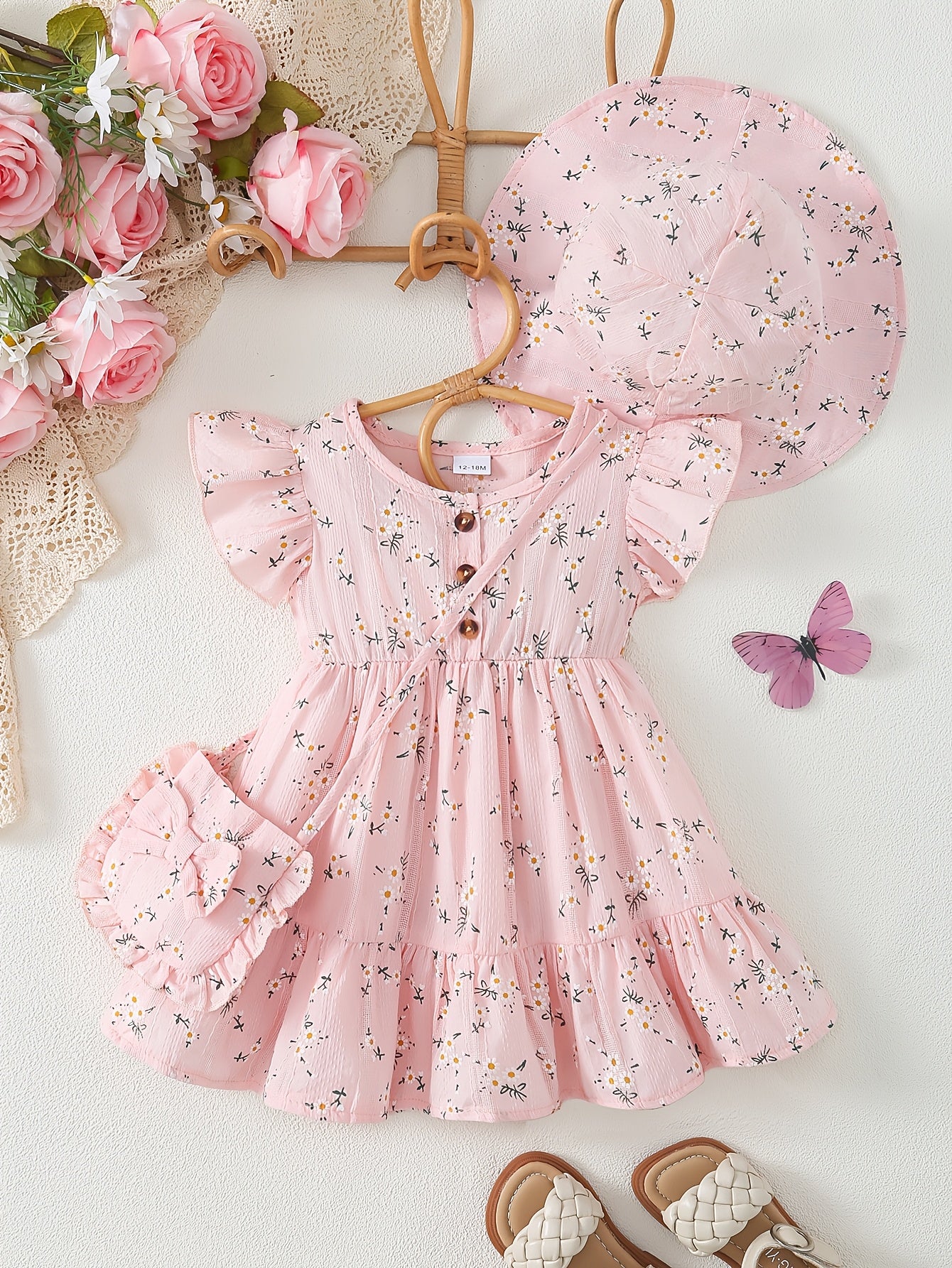 3pcs Casual Baby Girl Blue Dress Set, Small Floral Print and Ruffled Hem Design, with Cute Bag Bow Decoration and Sun Hat, Spring/Summer Princess Drdoor Wedding Occasion, Sister and Little Sister Dresses, Gift