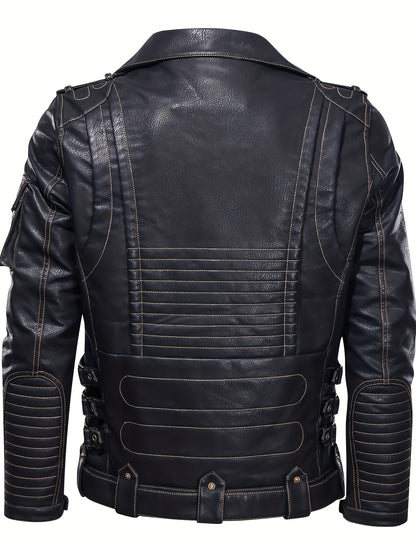 Men's Classic Black Motorcycle Biker Jacket - Multi Zipper Pockets, Adjustable Belt, Vintage Streetwear, Stylish Outerwear for Riding, Travel, Parties, Everyday Urban Look, Gift Idea