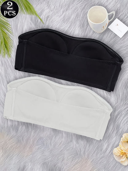 2pcs Strapless Bandeau Bras Tube Top Front Closure Wireless Bra Summer Traceless Bras Solid Seamless Bra Sexy Comfy Push Up Bra Women's Smoothing Backless Tube Top Lingerie Woman Underwear Bralette Brad