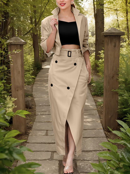 [Level 1 Directional] Women'S Casual Solid Color Suit Collar Jacket And High Waist Skirt Two-Piece Set, Fashionable And Versatile Long-Sleeved Jacket And Work Skirt Set, Free Belt