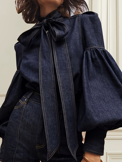 [Printed Pants - Not Denim Fabric]Women Fashion Bow Design High Neck Blouses 2024 New Spring Autumn Puff Sleeves Imitation Denim Casual Office Shirts Tops