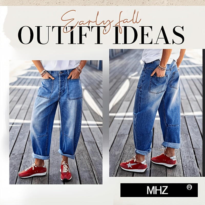 1pc Women'S High- Waisted Baggy Boyfriend Jeans, Vintage Wash Patchwork Pants, Loose Fit Tapered Trousers with Roll- Up Cuffs, Trendy Streetwear Ankle- Length Bottoms Casual Daily Outfits, Comfortable Relaxed Fit Jeans Spring