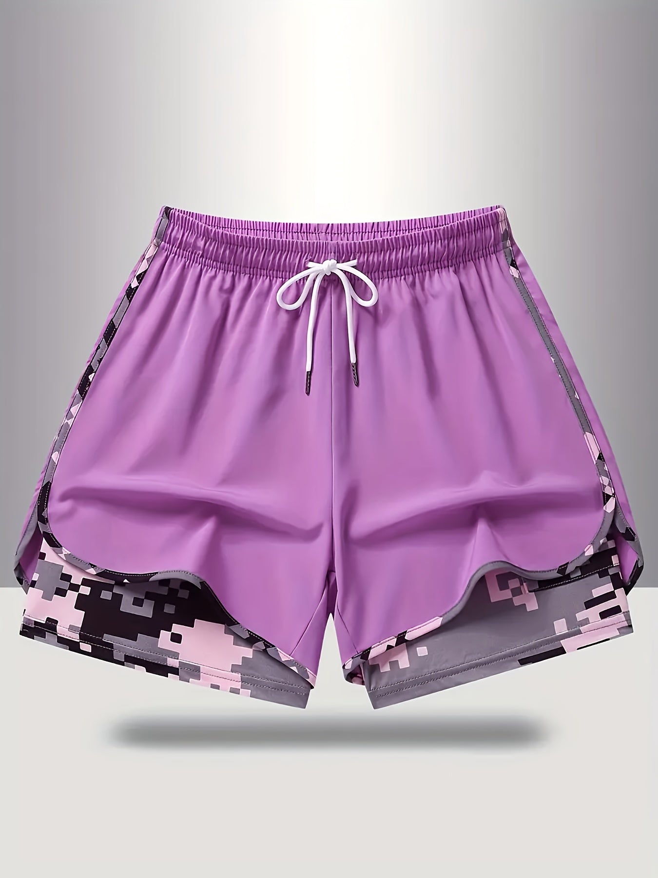 Plus Size - 3pcs - Plus Size Women'S Shorts, Double-layer Fake Two Piece Camouflage Pattern, Breathable Quick Drying Pants, Women'S Shorts With Adjustable Drawstring Waist - Lightweight Fitness, Side Design, Non See Through Casual Wear