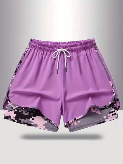 Plus Size - 3pcs - Plus Size Women'S Shorts, Double-layer Fake Two Piece Camouflage Pattern, Breathable Quick Drying Pants, Women'S Shorts With Adjustable Drawstring Waist - Lightweight Fitness, Side Design, Non See Through Casual Wear