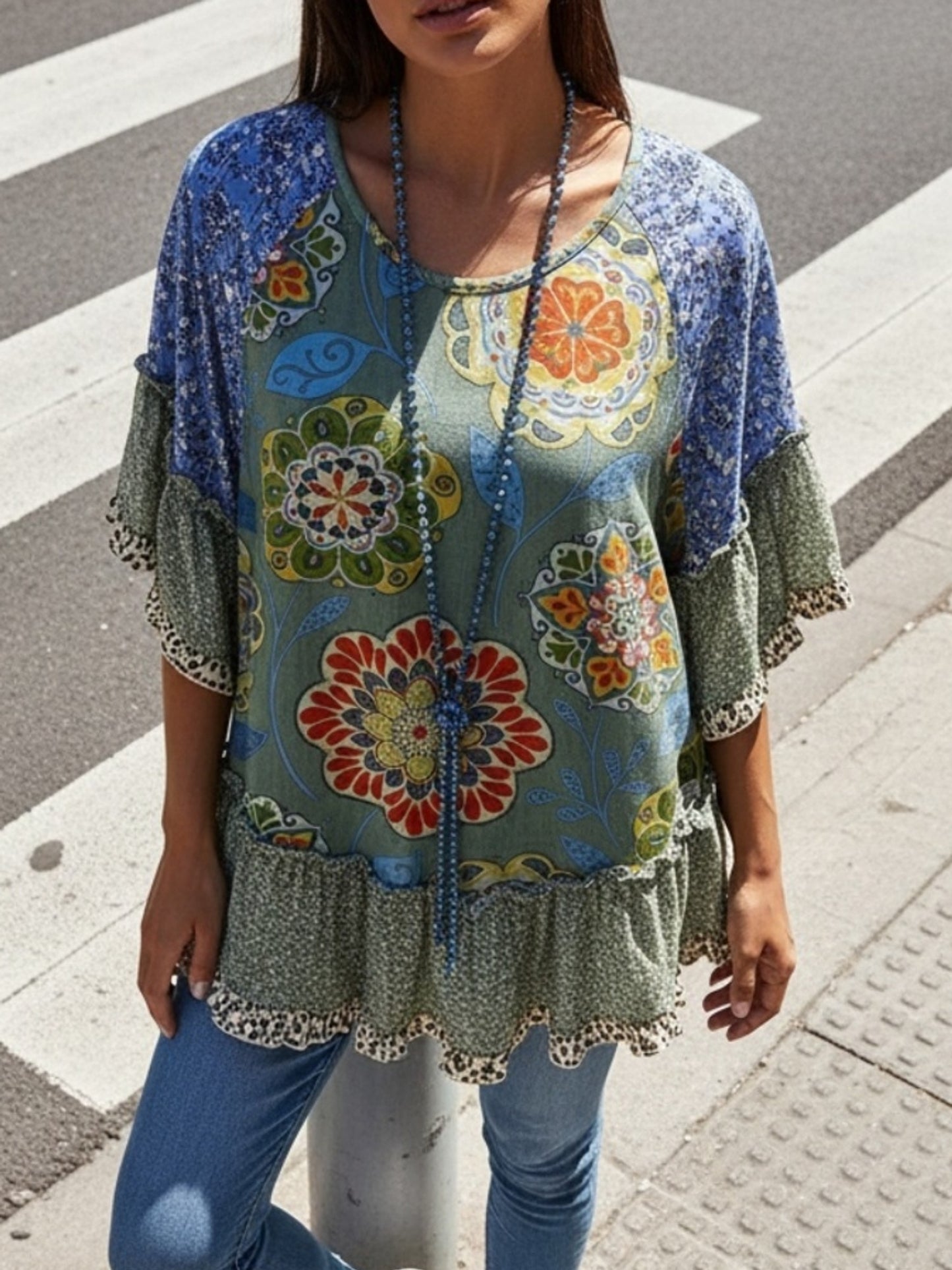 Mixed Floral Print Loose Top, Leopard Print Patchwork, Flared Three-quarter Sleeves, Women's Clothing